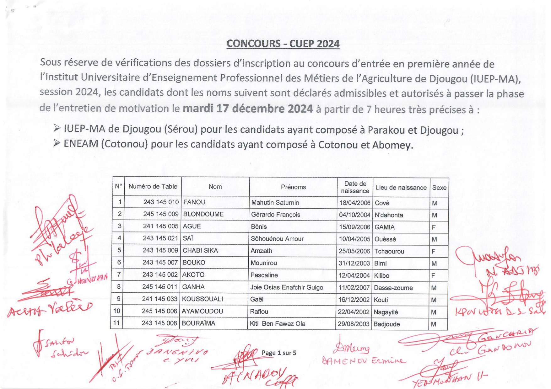 Liste des admissibles au concours d’entrée en première année de l’IUEP de Djougou