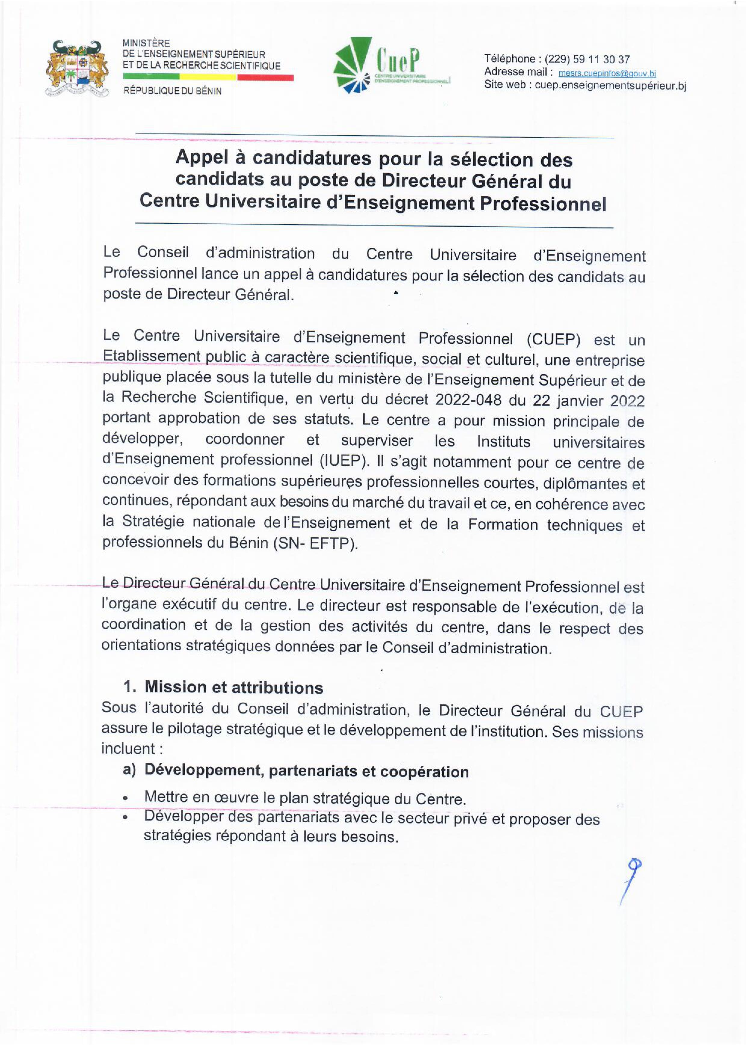 Recrutement pour le poste de Directeur général du CUEP