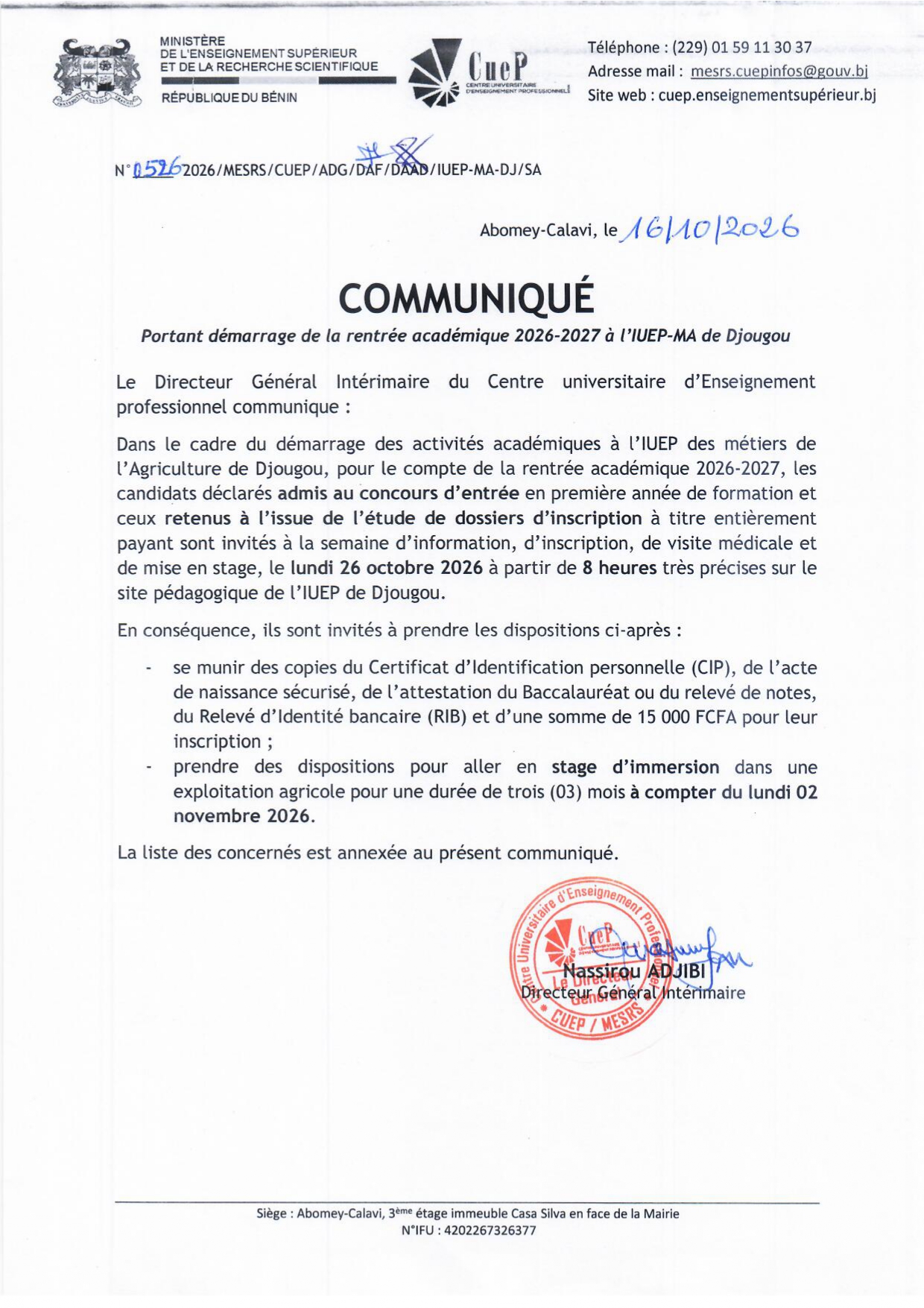 Rentrée académique 2026-2027 à l'IUEP des métiers de l'Agriculture de Djougou