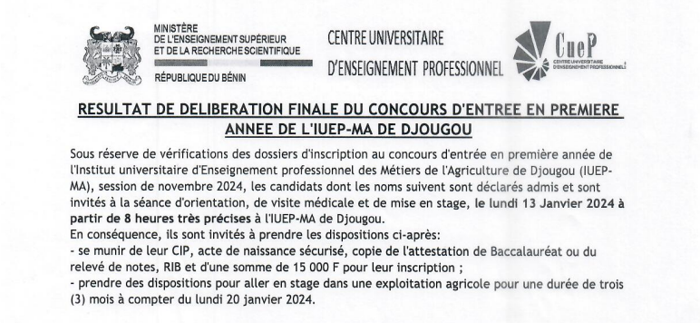 Résultats définitifs du concours d'entrée en première année de l'IUEP de Djougou